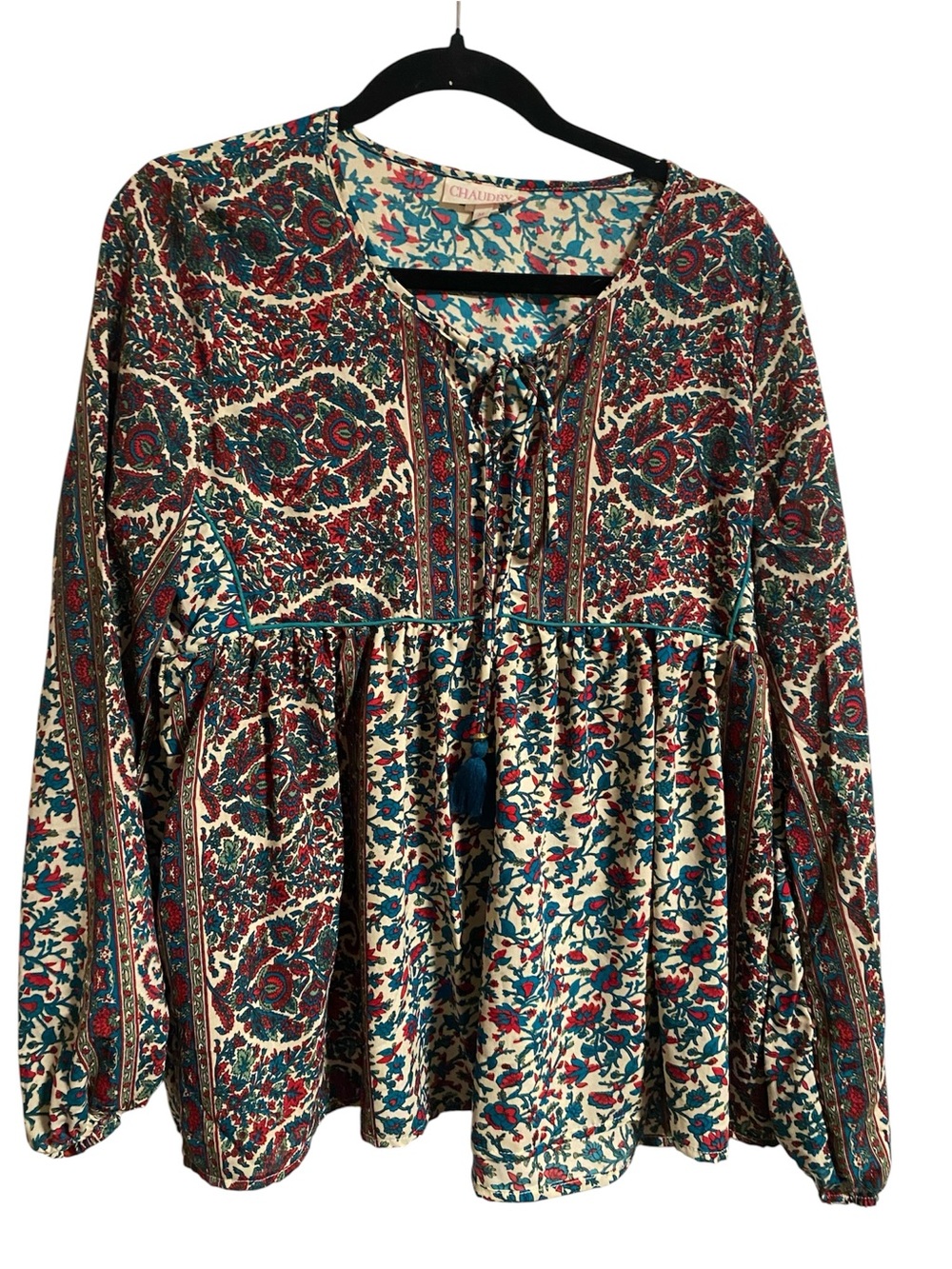 Boho Floral Peasant Tunic - Cream with Teal & Burgundy